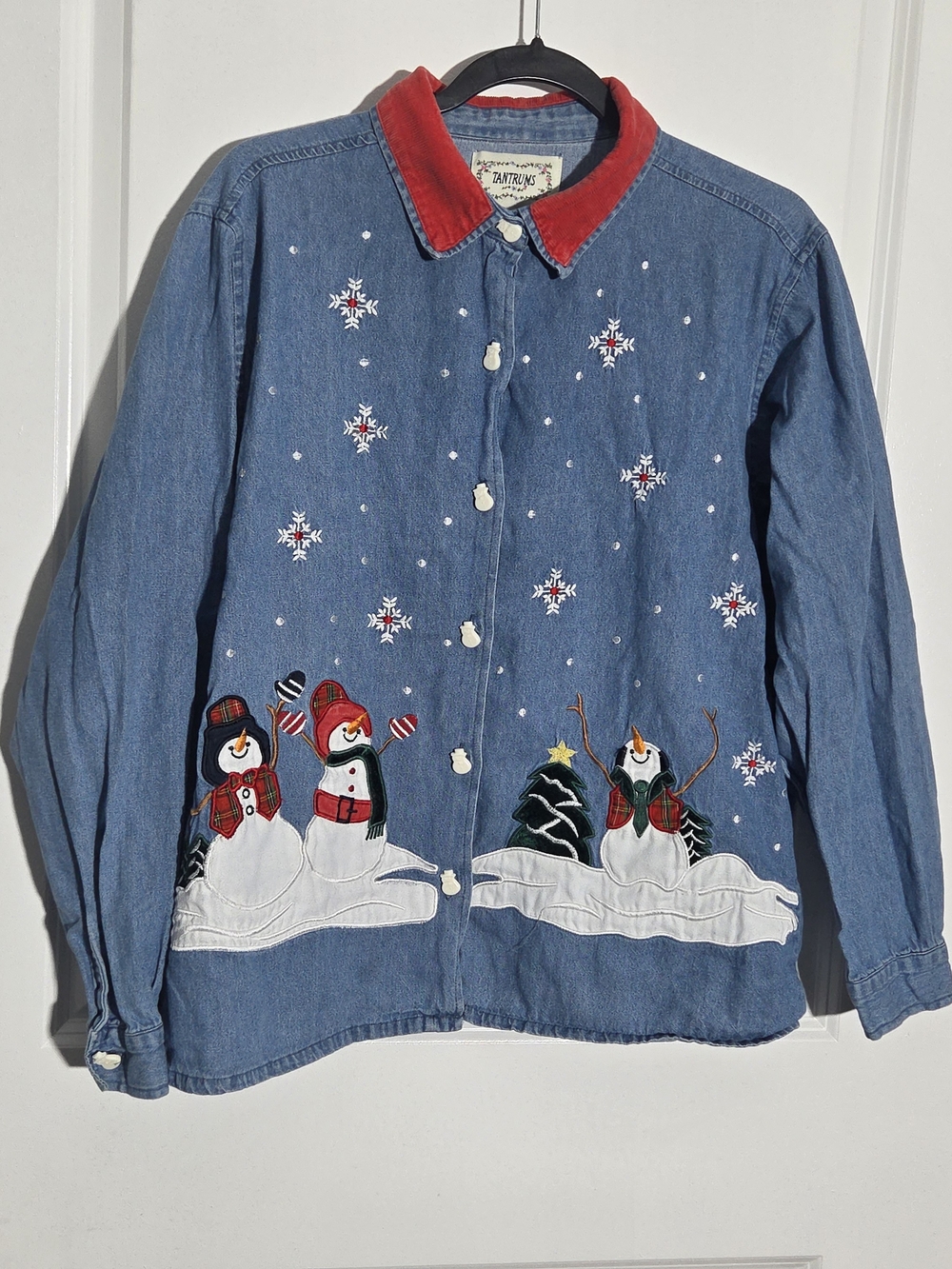 Tantrums Christmas Denim Button Down Snowman Christmas Plaid Women’s XLarge